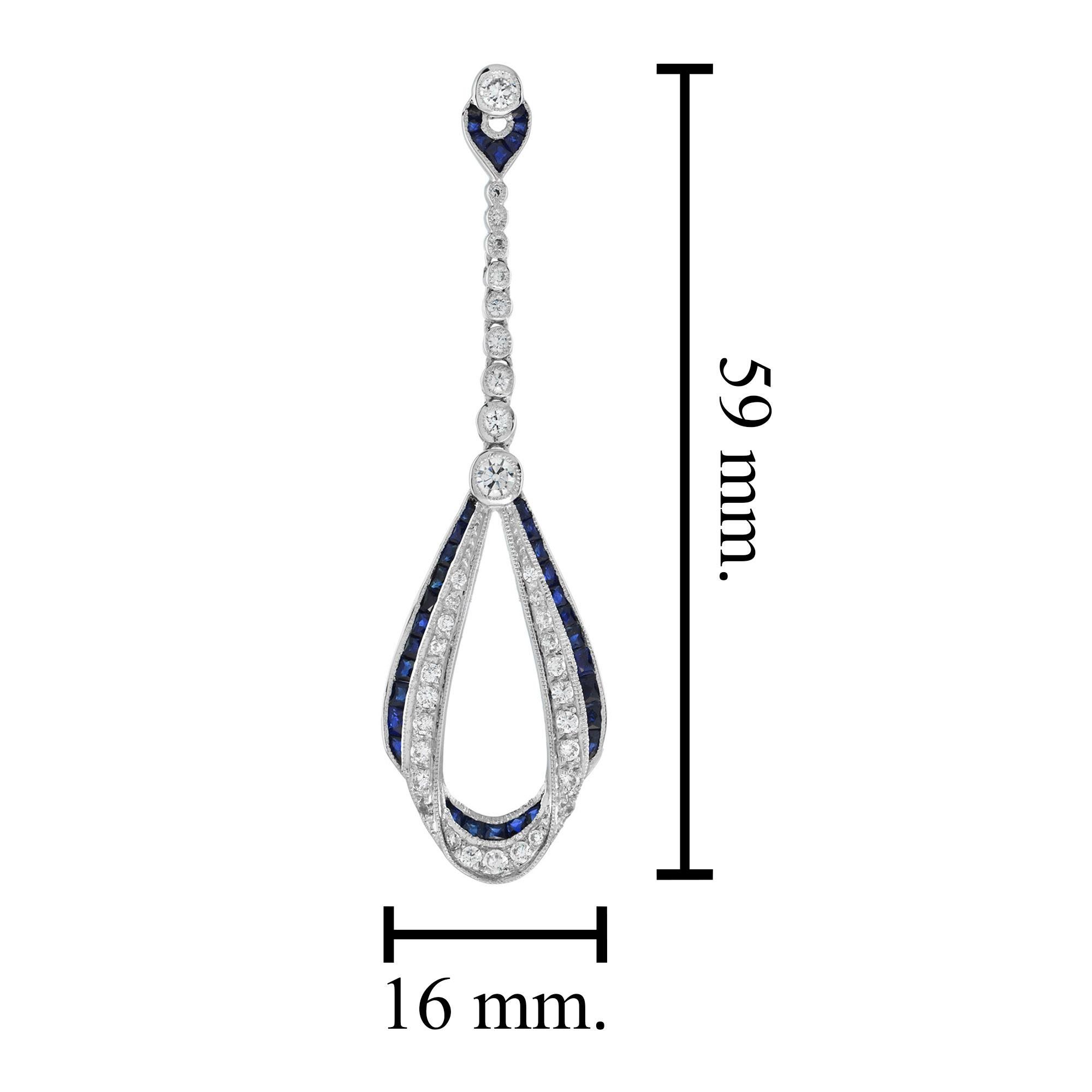 Ribbon Art Deco Style Sapphire and Diamond Drop Earrings in 18K White Gold For Sale 1