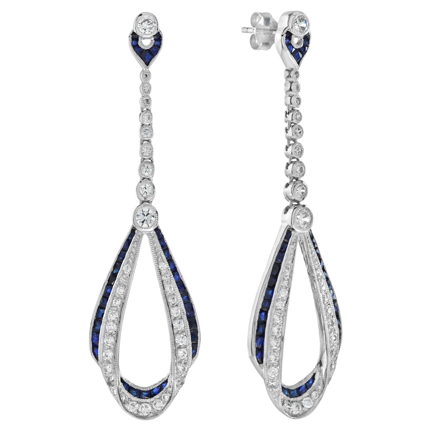 Ribbon Art Deco Style Sapphire and Diamond Drop Earrings in 18K White Gold For Sale