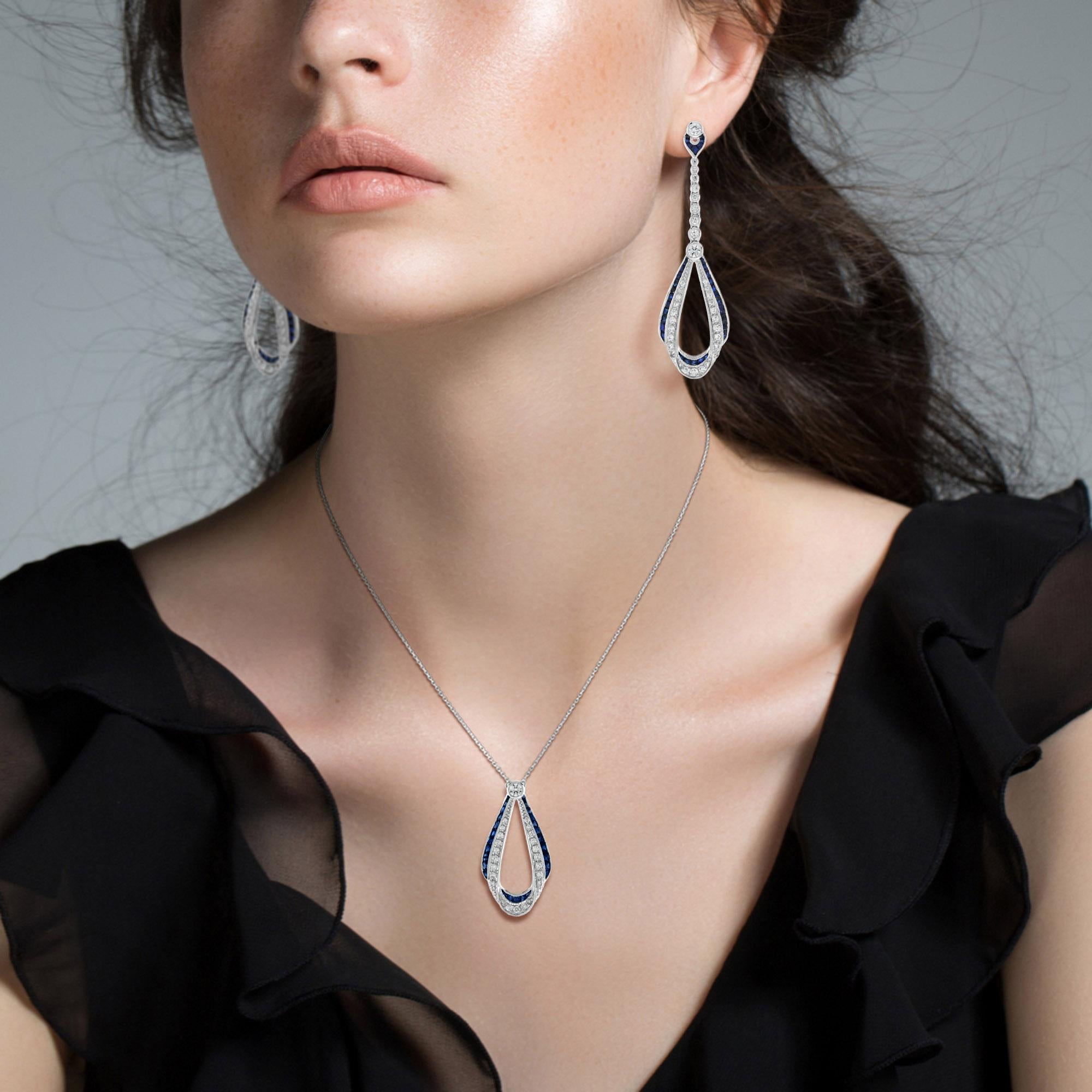 Set aus Ohrringen und Halskette mit Saphiren und Diamanten im Art-déco-Stil von Aime Ribbon im Angebot 5
