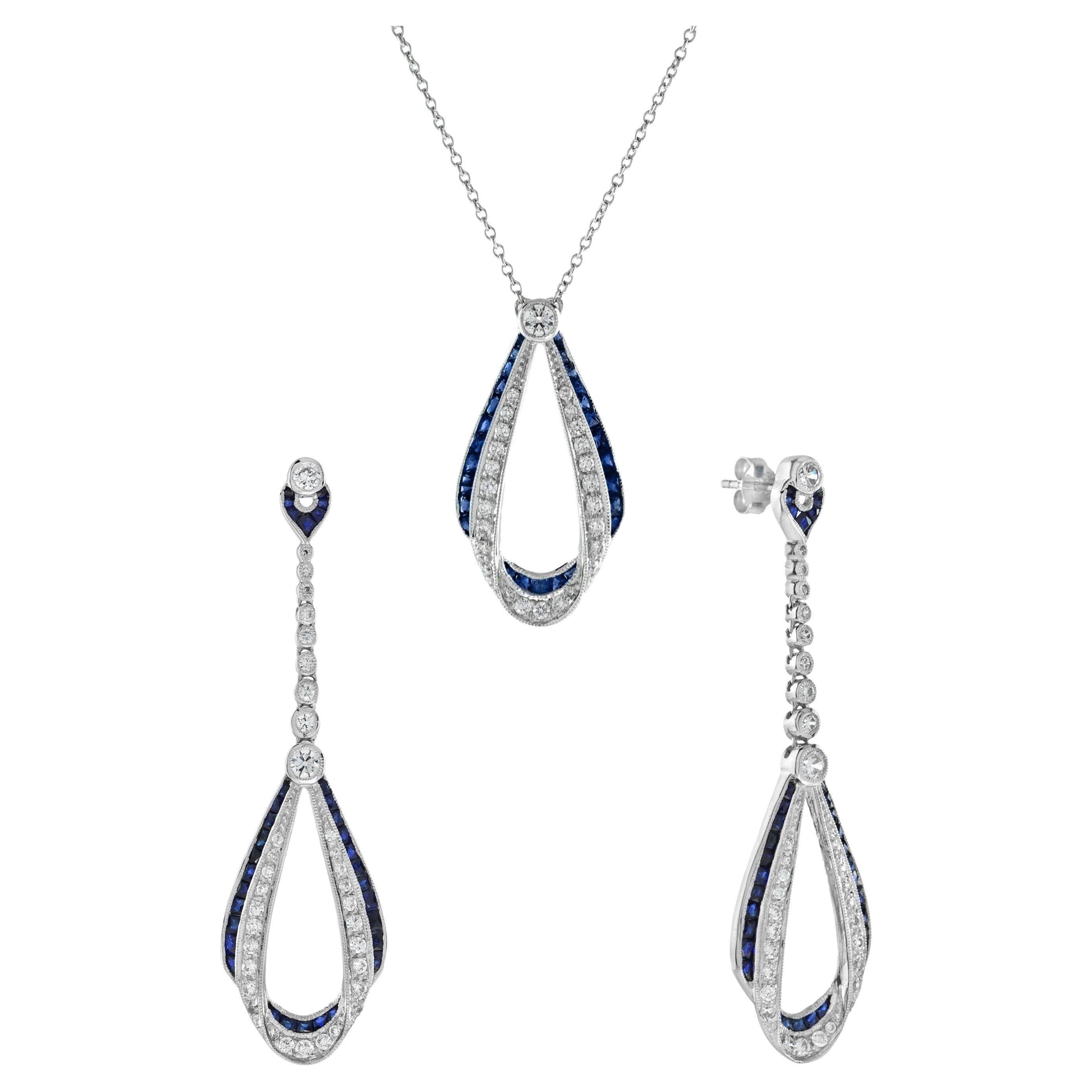 Set aus Ohrringen und Halskette mit Saphiren und Diamanten im Art-déco-Stil von Aime Ribbon im Angebot