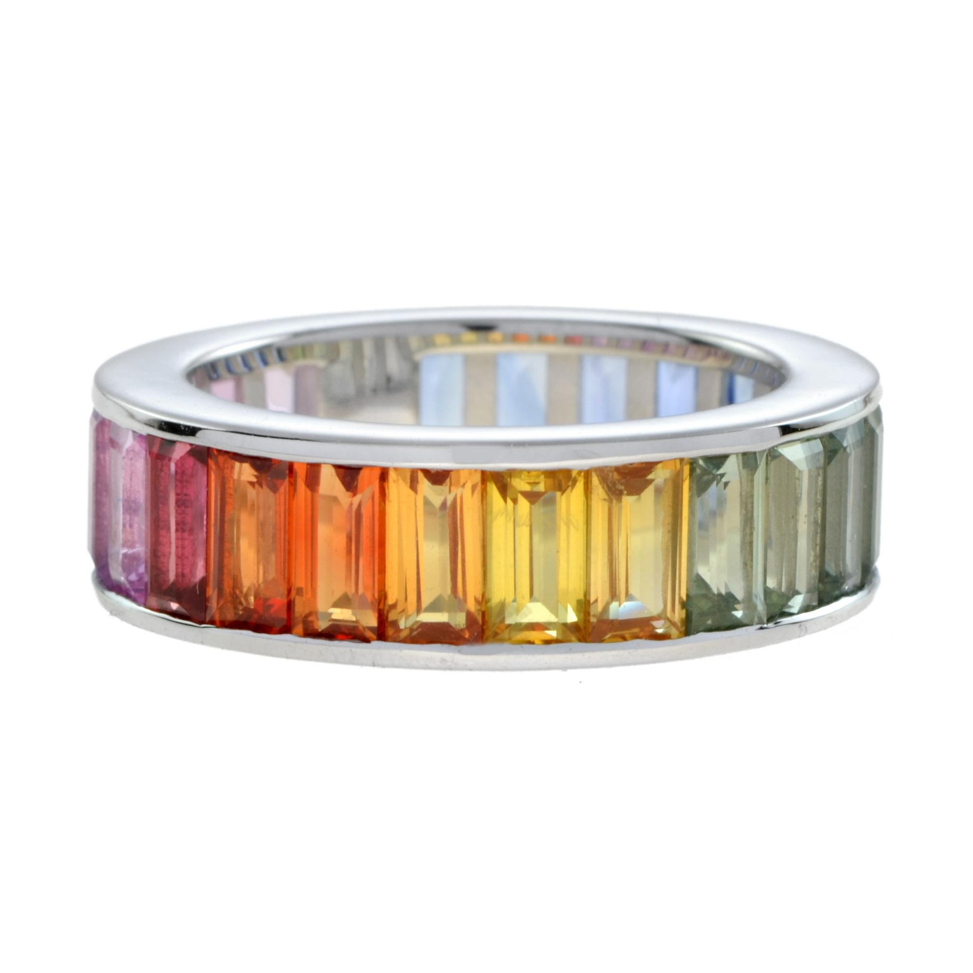 Baguette Cut Seamless Baguette Rainbow Sapphire Eternity Ring in 18K White Gold For Sale