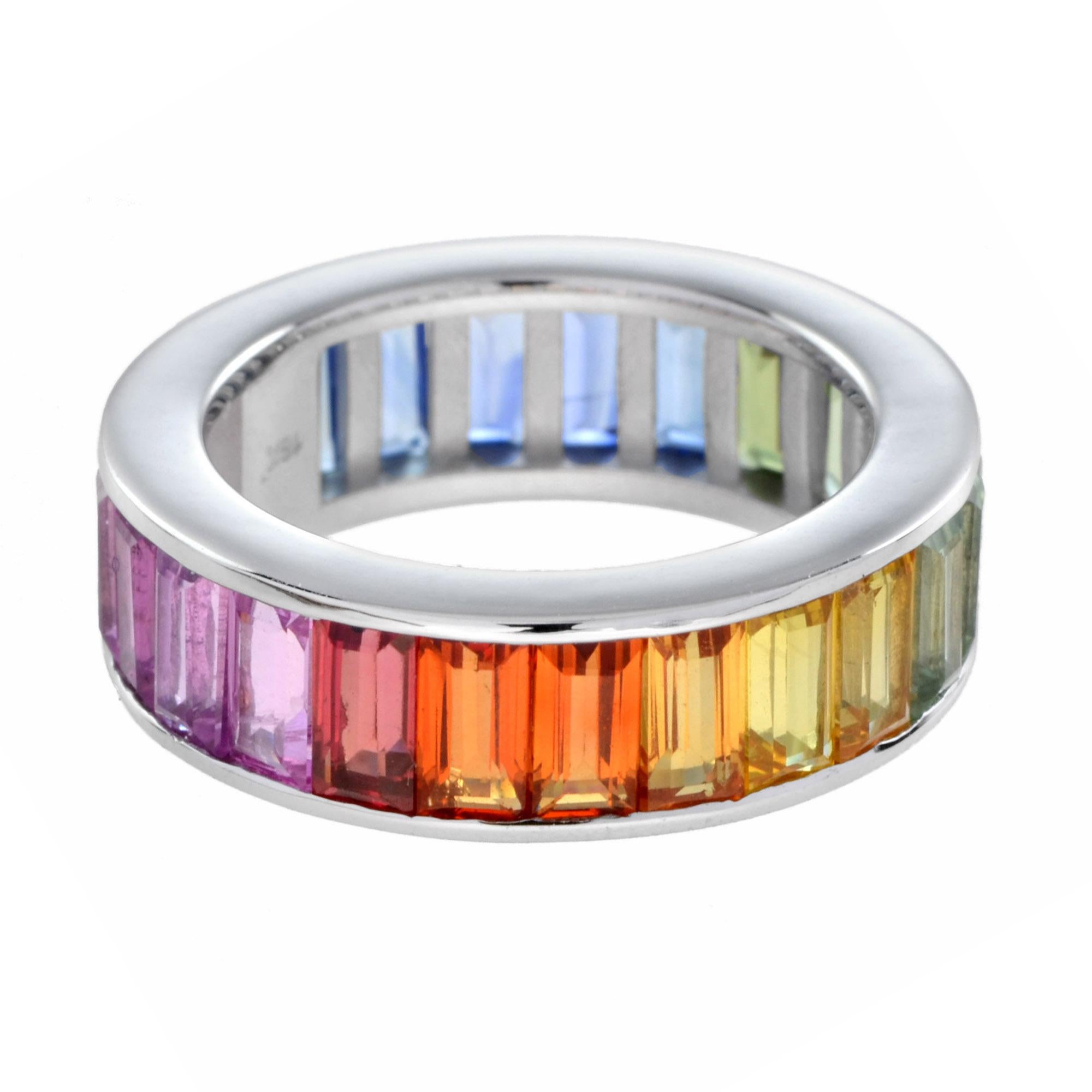 Women's or Men's Seamless Baguette Rainbow Sapphire Eternity Ring in 18K White Gold For Sale