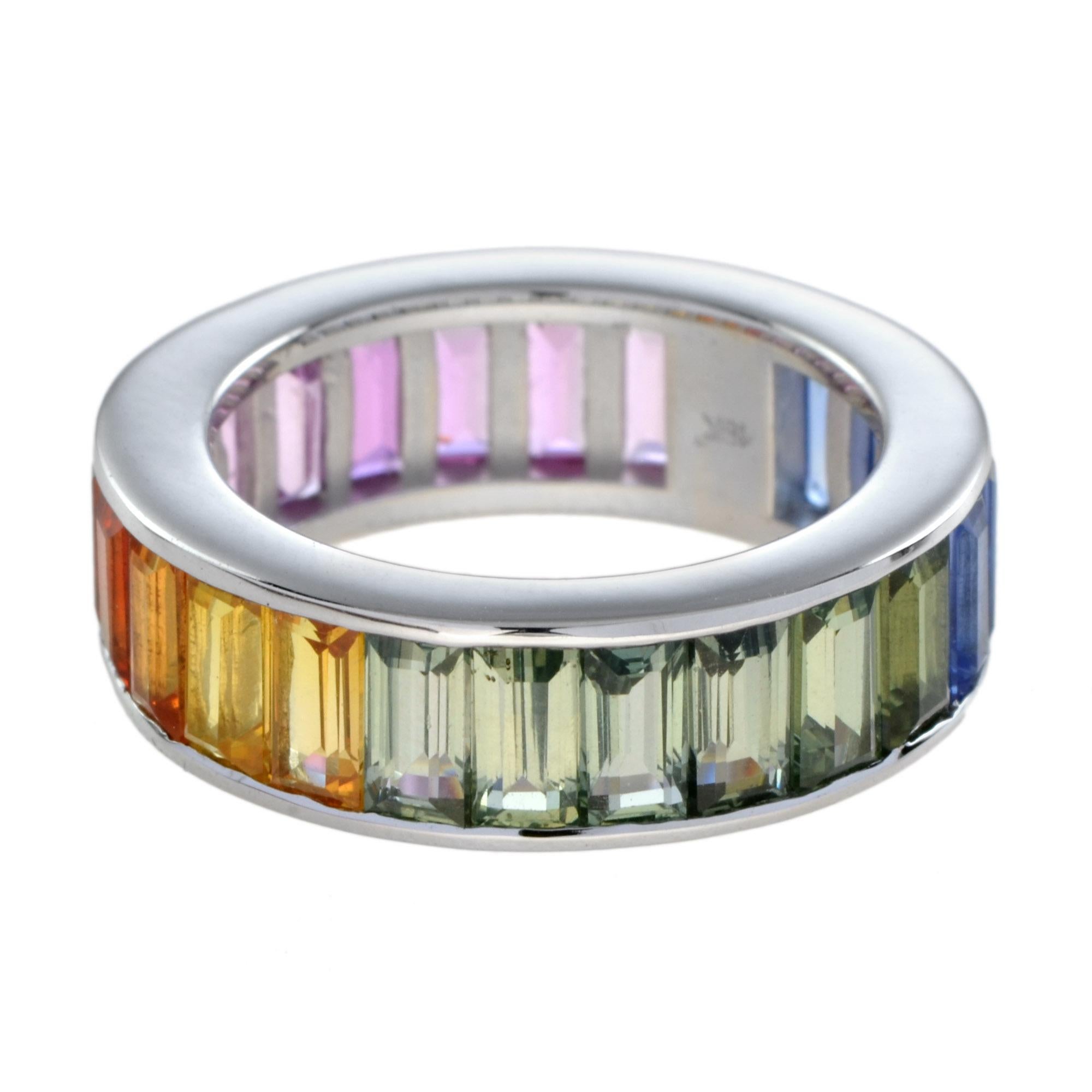 Seamless Baguette Rainbow Sapphire Eternity Ring in 18K White Gold For Sale 1