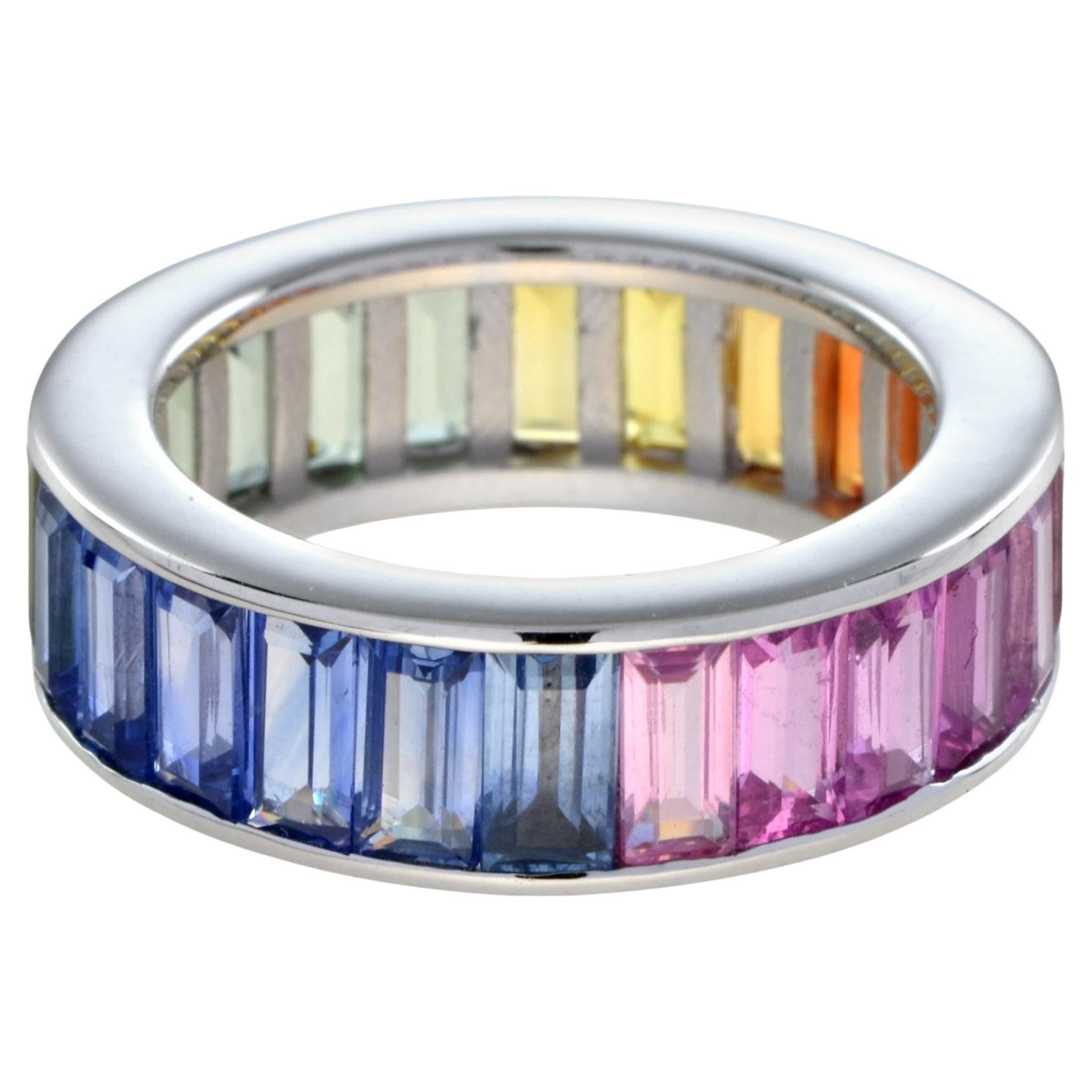 Seamless Baguette Rainbow Sapphire Eternity Ring in 18K White Gold For Sale