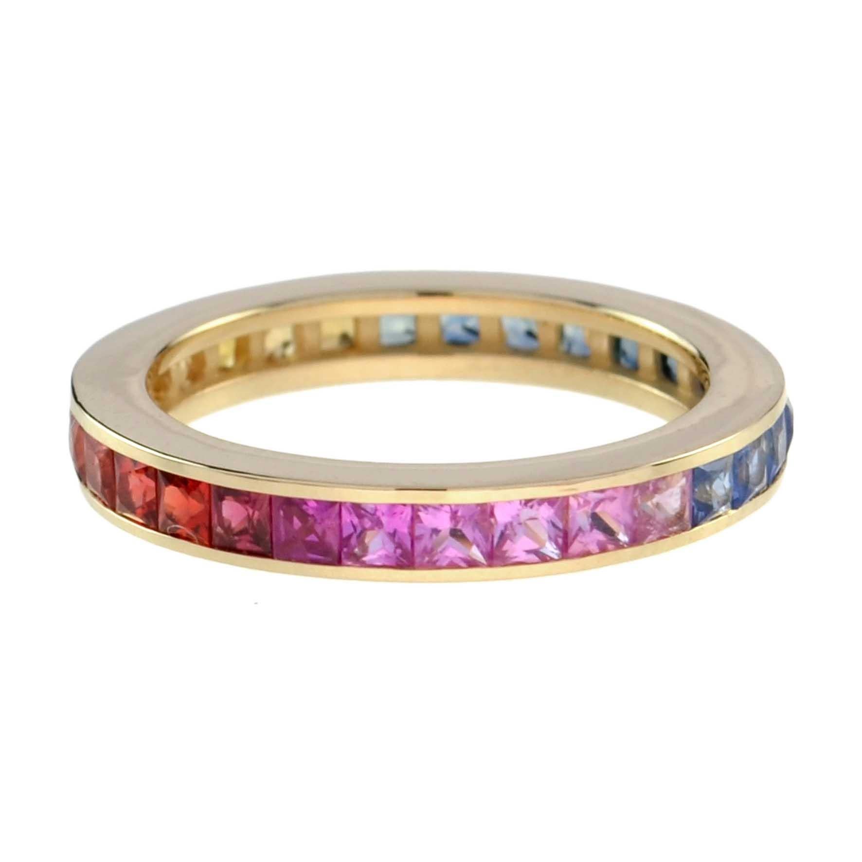 For Sale:  Square Cut Rainbow Sapphire Eternity Band in Yellow Gold 14K 3