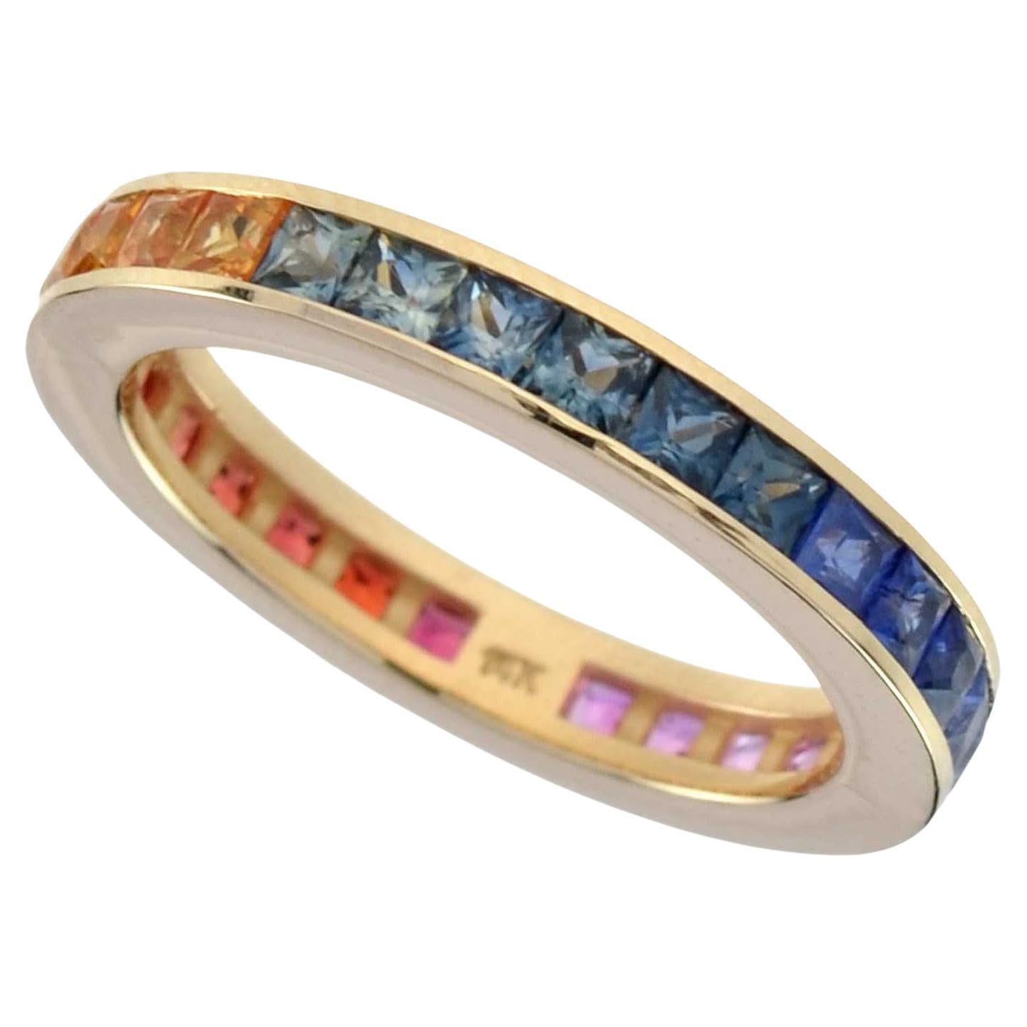 For Sale:  Square Cut Rainbow Sapphire Eternity Band in Yellow Gold 14K