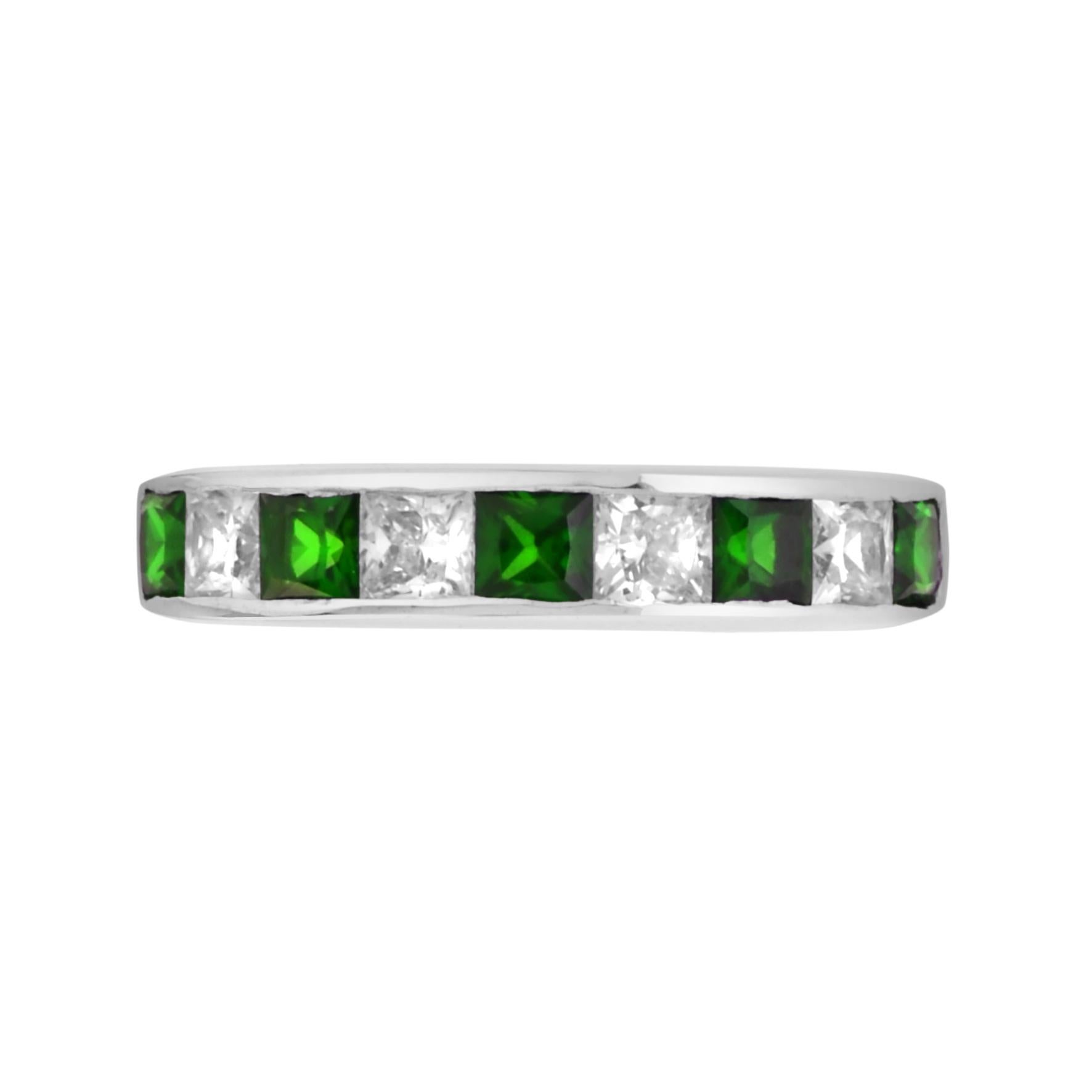 For Sale:  Square Emerald and Diamond Channel Half Eternity Band in 18K White Gold 3
