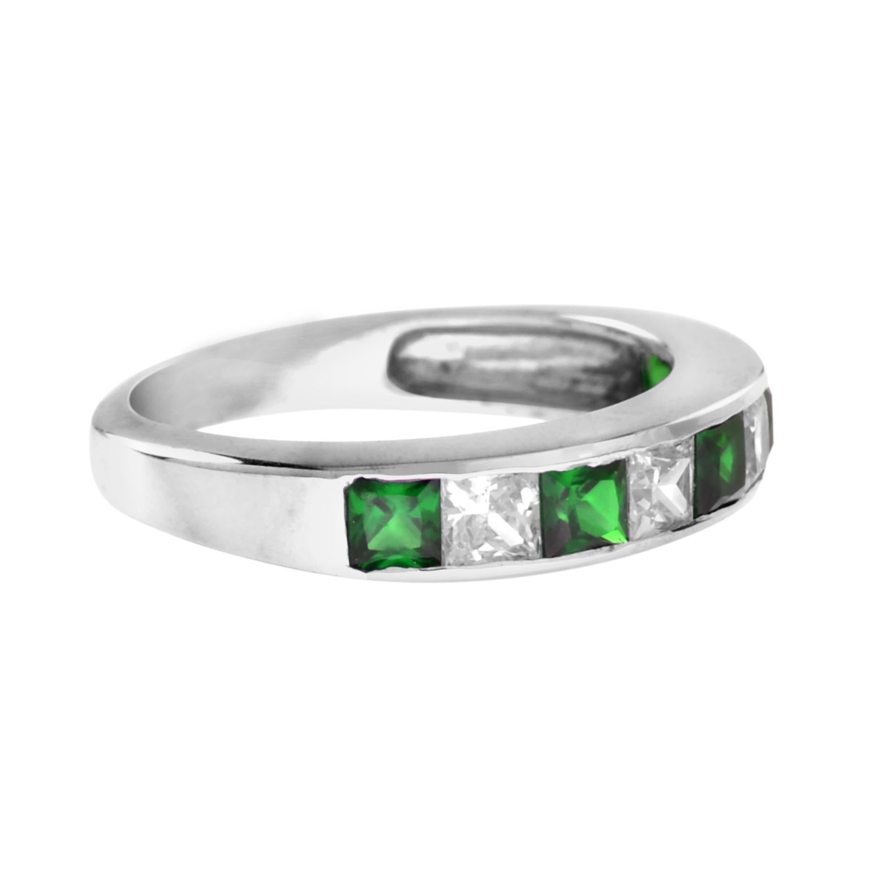 For Sale:  Square Emerald and Diamond Channel Half Eternity Band in 18K White Gold 4