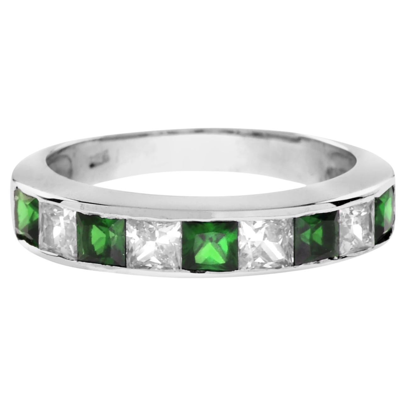 Square Emerald and Diamond Channel Half Eternity Band in 18K White Gold