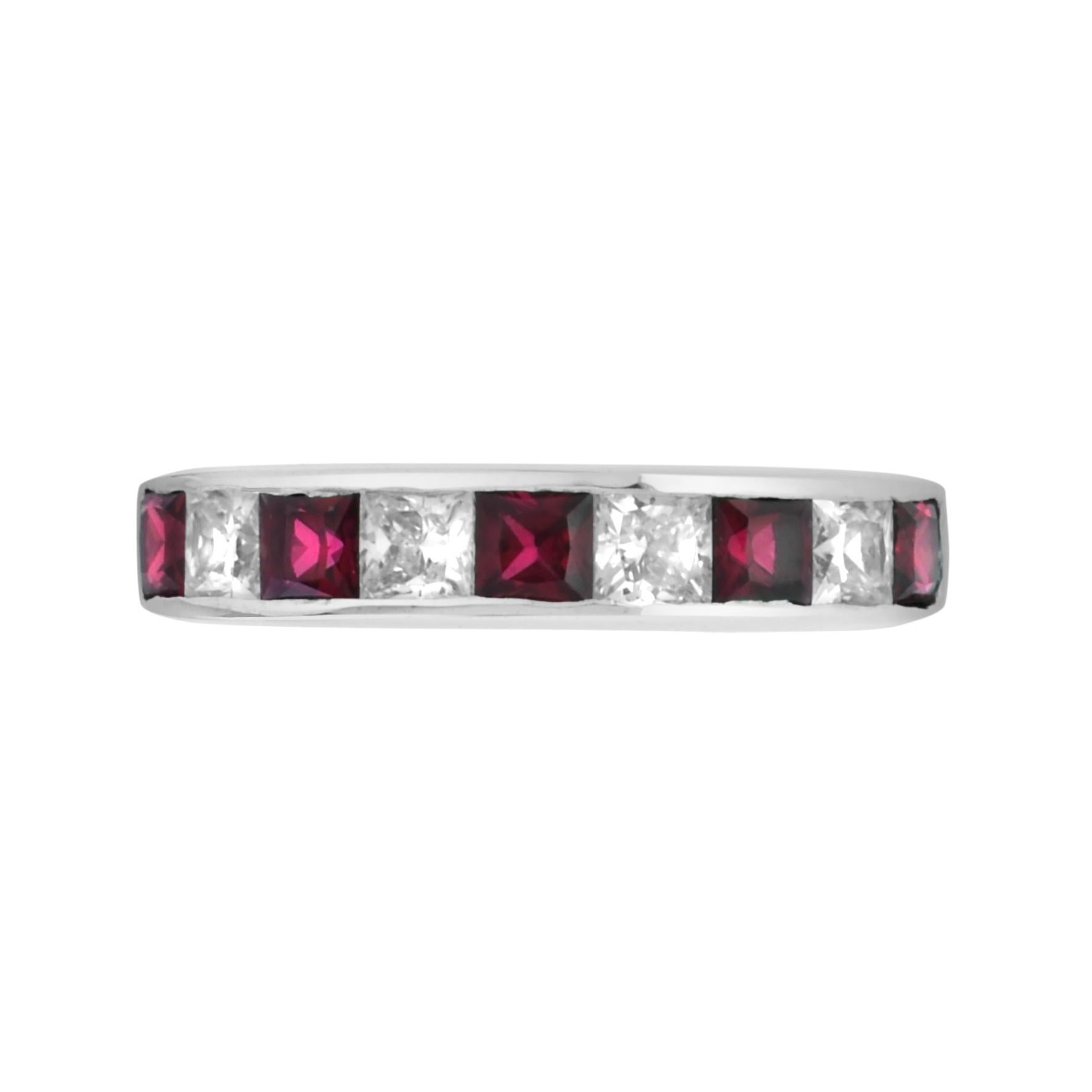 For Sale:  Square Ruby and Diamond Channel Half Eternity Band in 18K White Gold 3