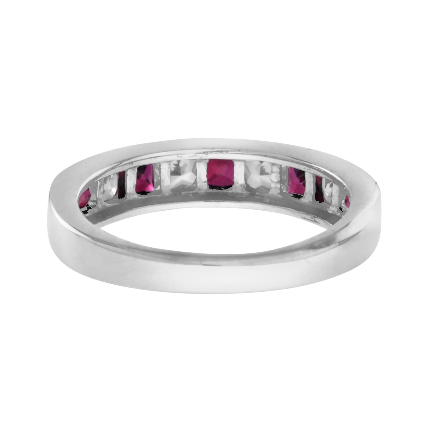 For Sale:  Square Ruby and Diamond Channel Half Eternity Band in 18K White Gold 5