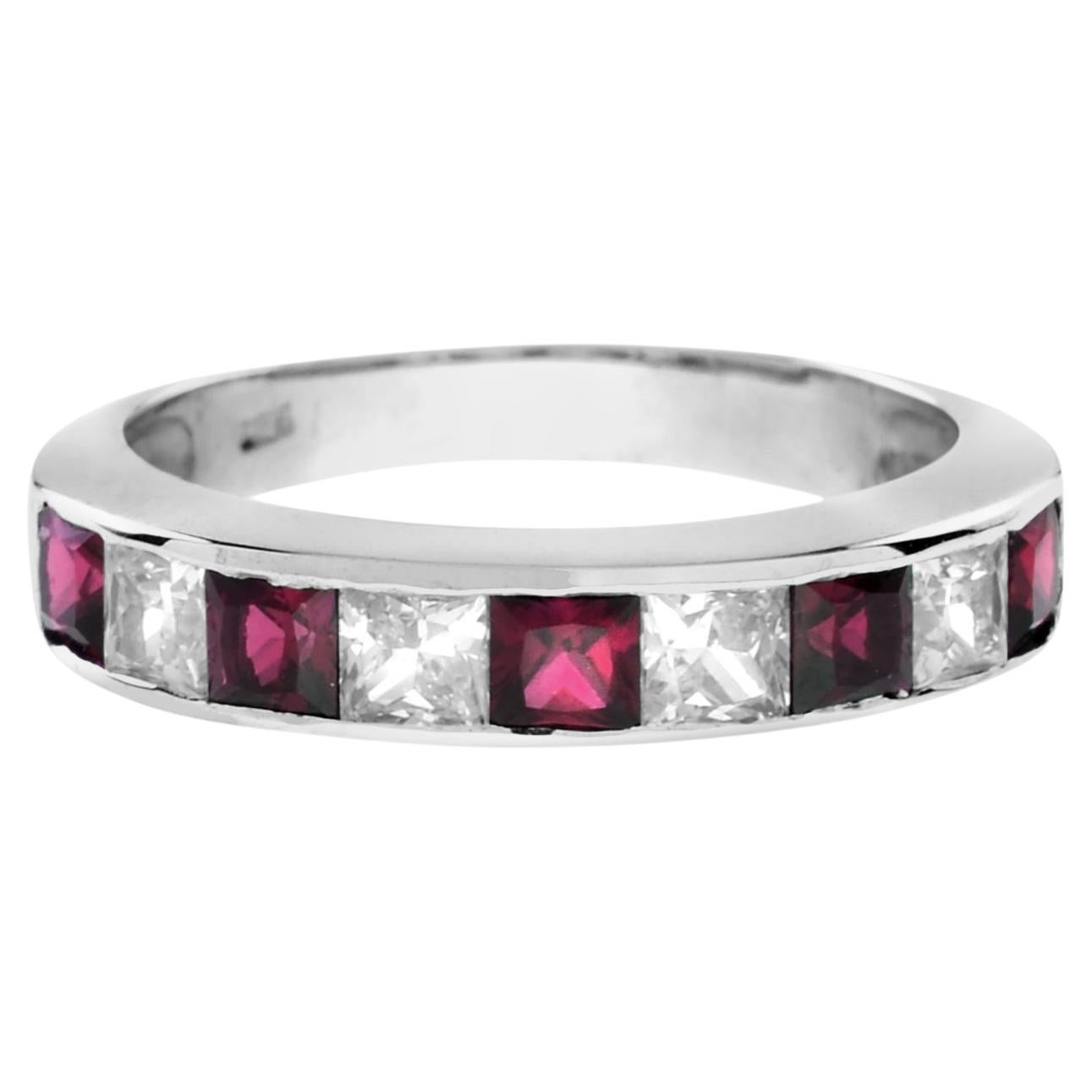 For Sale:  Square Ruby and Diamond Channel Half Eternity Band in 18K White Gold