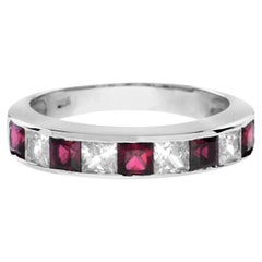 Square Ruby and Diamond Channel Half Eternity Band in 18K White Gold
