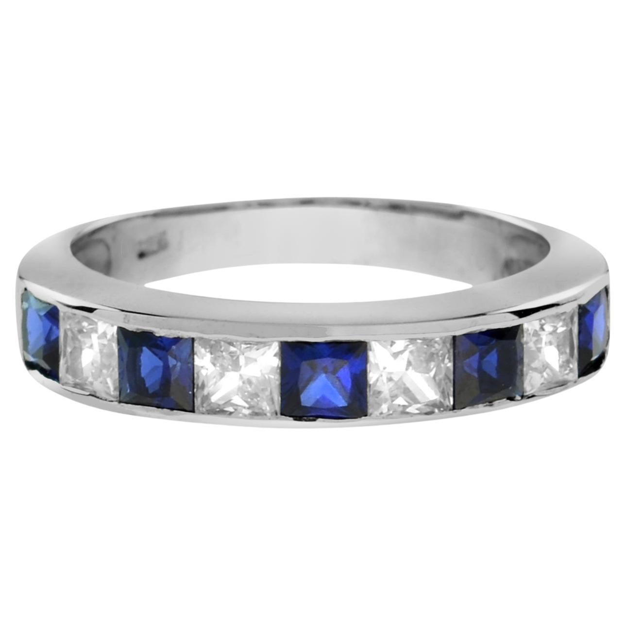 For Sale:  Square Sapphire and Diamond Channel Half Eternity Band in Platinum950