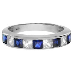 Square Sapphire and Diamond Channel Half Eternity Band in Platinum950