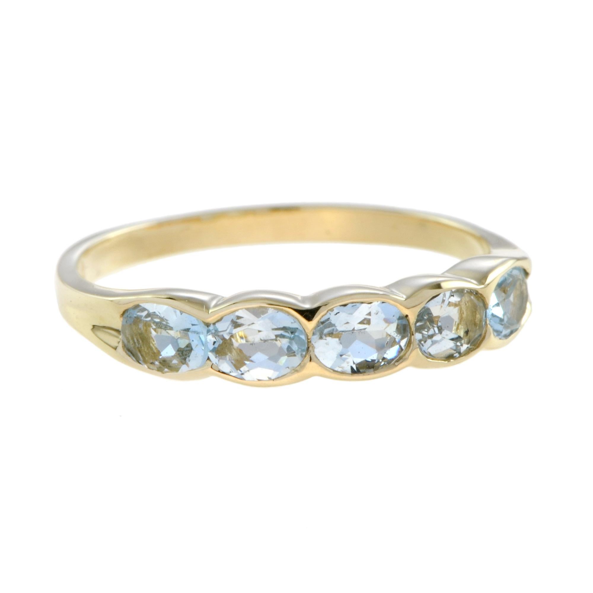 For Sale:  Vintage Style Aquamarine Five Stone Ring in 14K Yellow Gold 2