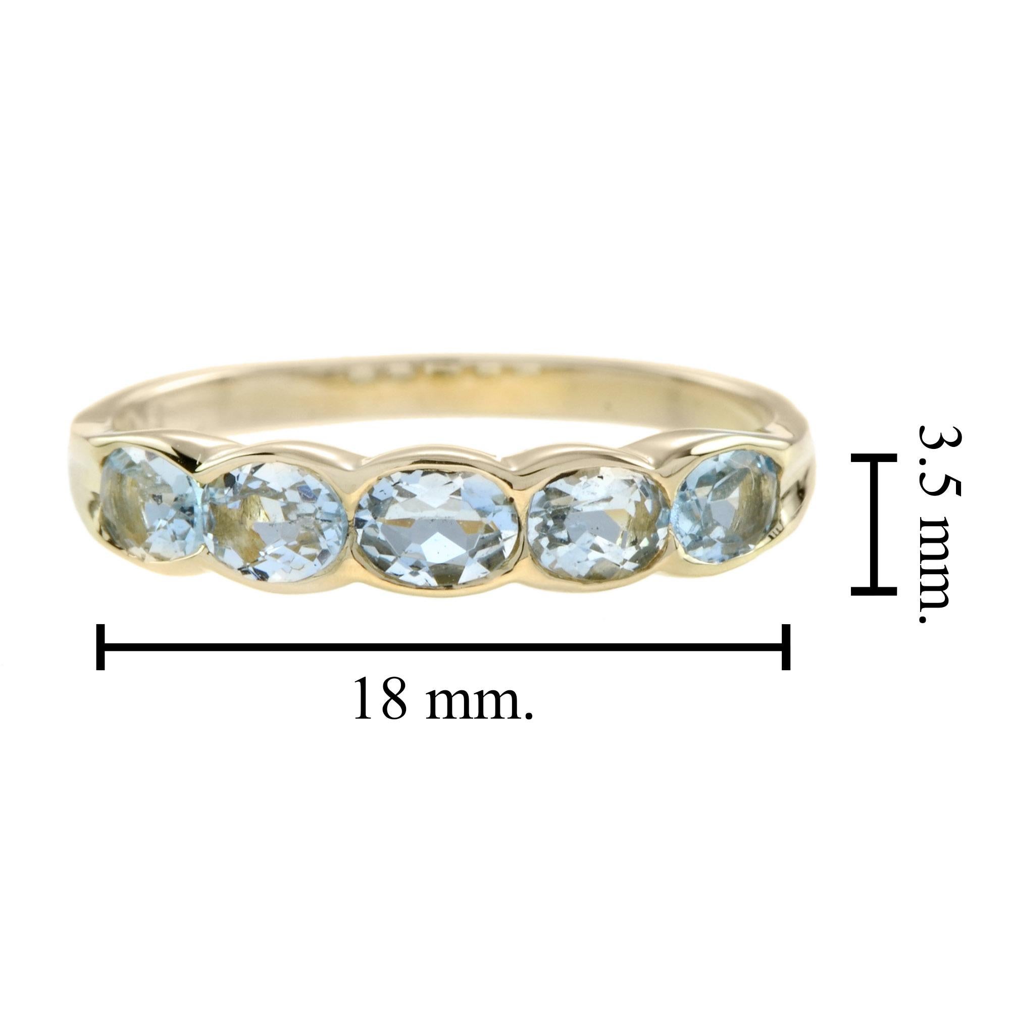 For Sale:  Vintage Style Aquamarine Five Stone Ring in 14K Yellow Gold 6