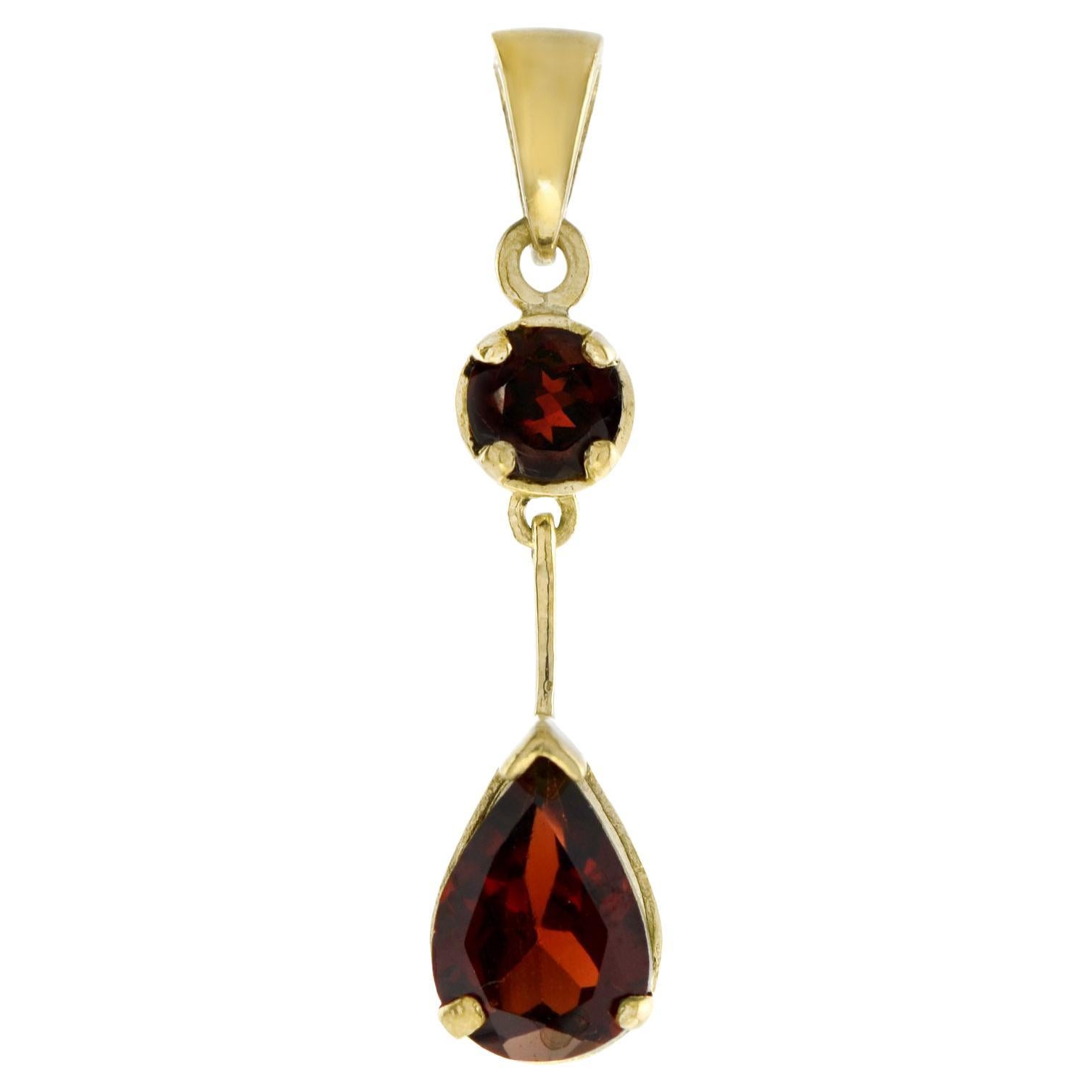 Vintage Style Pear Shaped Garnet Pendant in 14K Yellow Gold For Sale