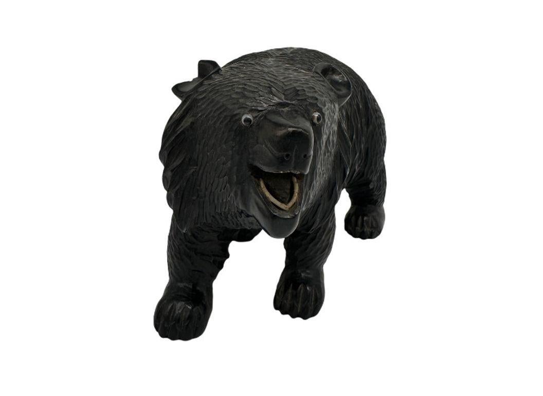 Neoclassical Ainun Black Bear Hand Carved Wood Sculpture with Glass Eyes For Sale