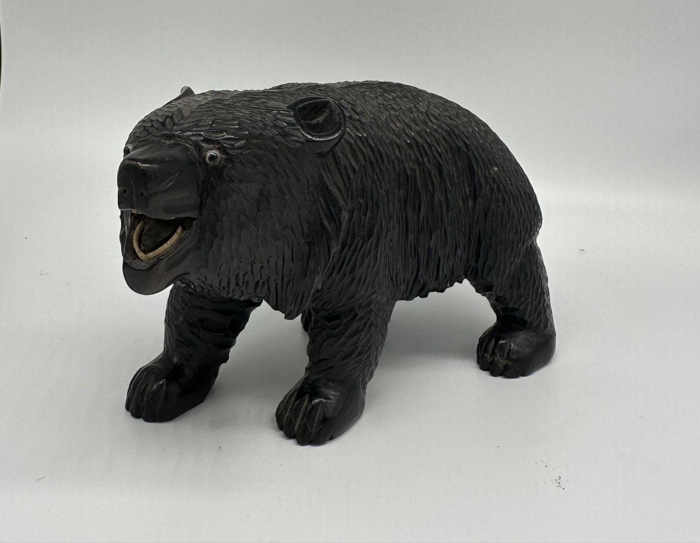 Neoclassical Ainun Black Bear Hand Carved Wood Sculpture with Glass Eyes For Sale