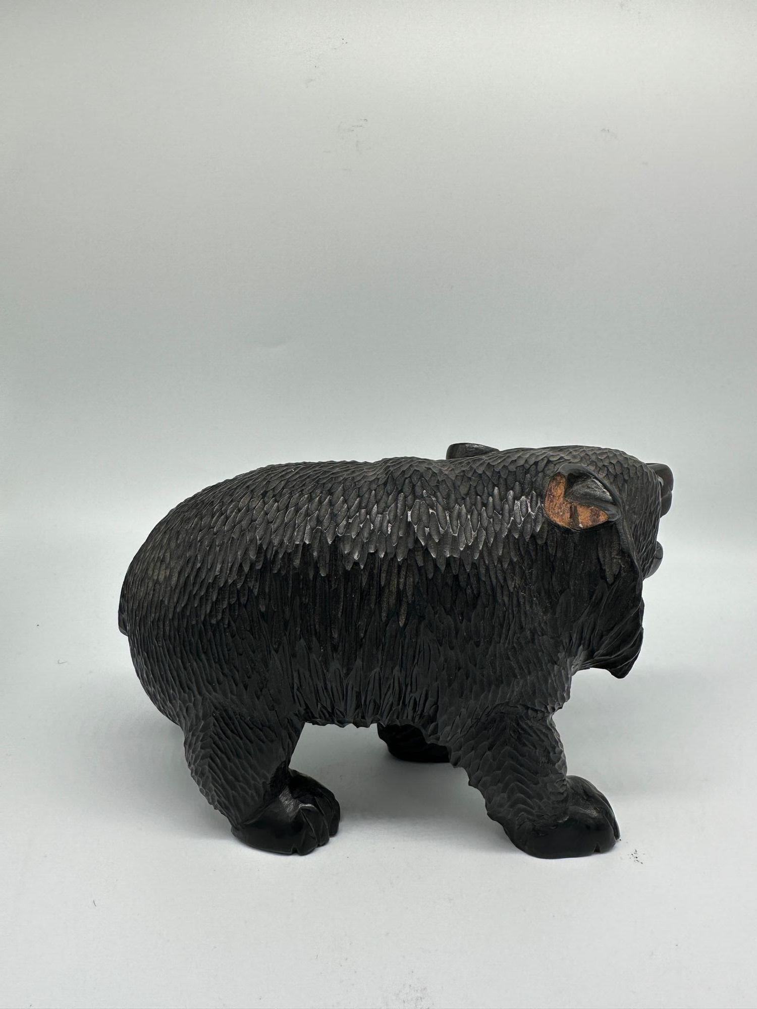 Ainun Black Bear Hand Carved Wood Sculpture with Glass Eyes For Sale 1