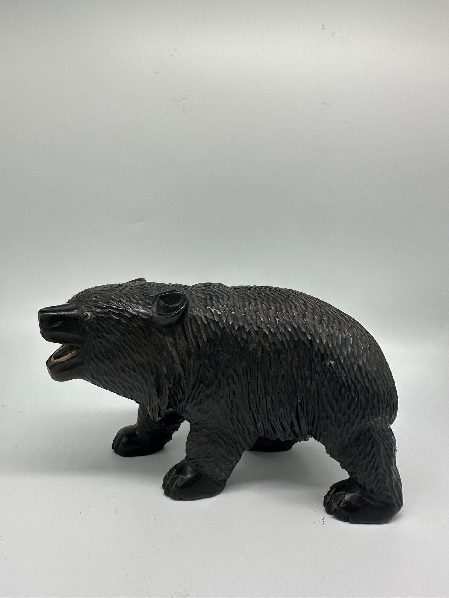 Ainun Black Bear Hand Carved Wood Sculpture with Glass Eyes For Sale 3