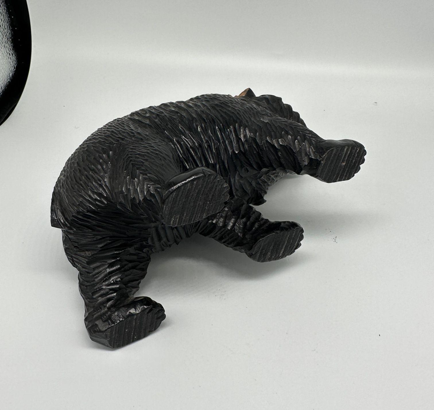 Ainun Black Bear Hand Carved Wood Sculpture with Glass Eyes For Sale 4