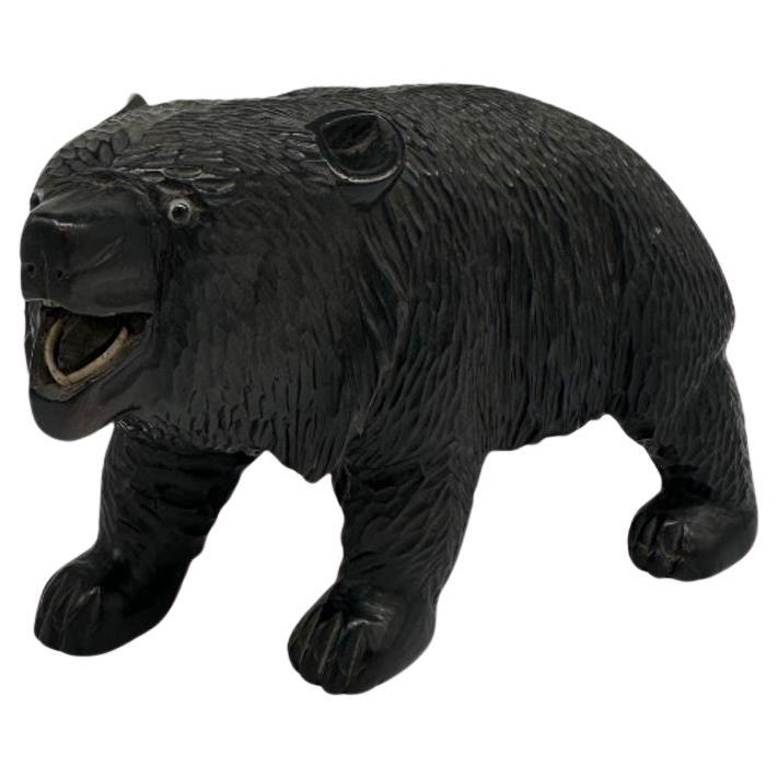 Ainun Black Bear Hand Carved Wood Sculpture with Glass Eyes For Sale