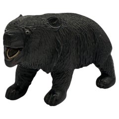Ainun Black Bear Hand Carved Wood Sculpture with Glass Eyes