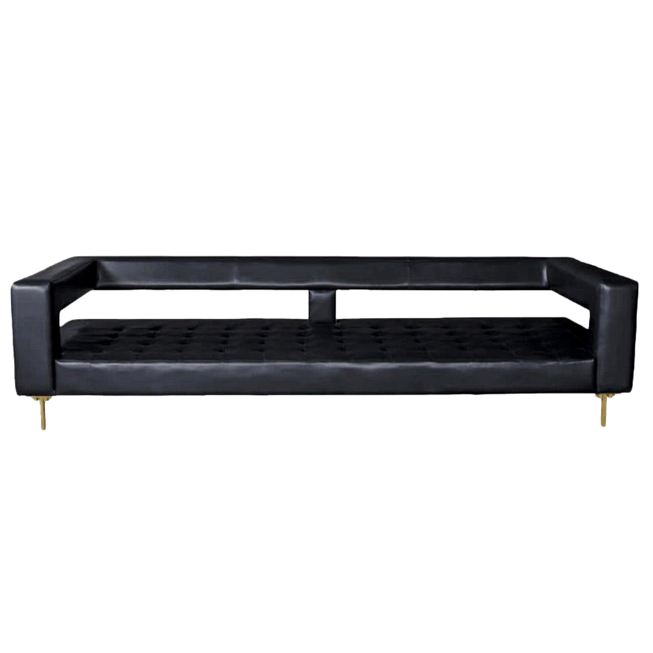Air Blue Leather Tufted Sofa with Brass Legs by ATRA For Sale