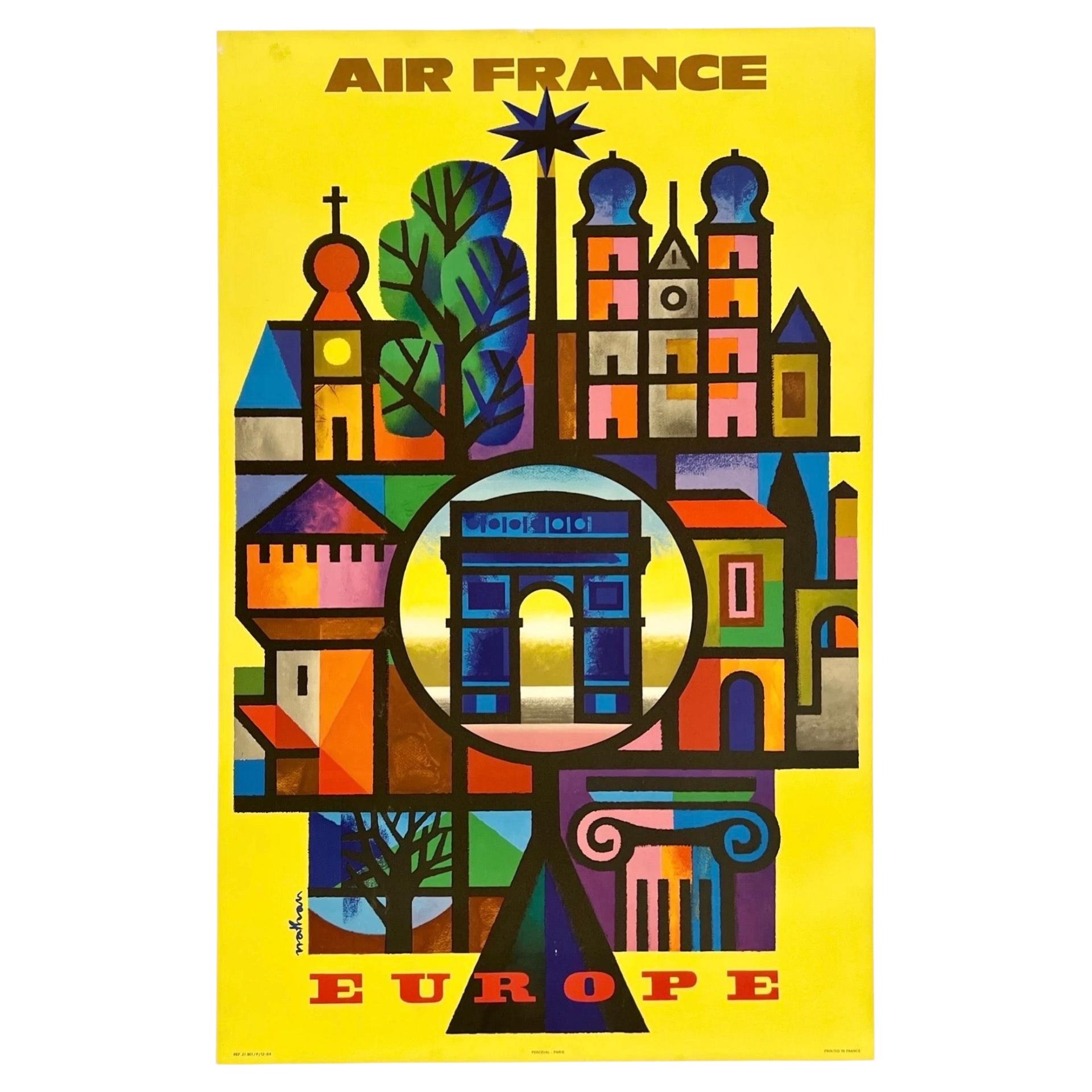AIR FRANCE EUROPE Original Vintage Airline Travel Tourism Midcentury MCM Poster