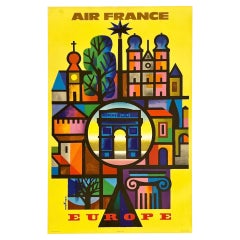 Cartel original de AIR FRANCE EUROPE, estilo vintage, de viajes, turismo y aerolíneas, de mediados de siglo (MCM)