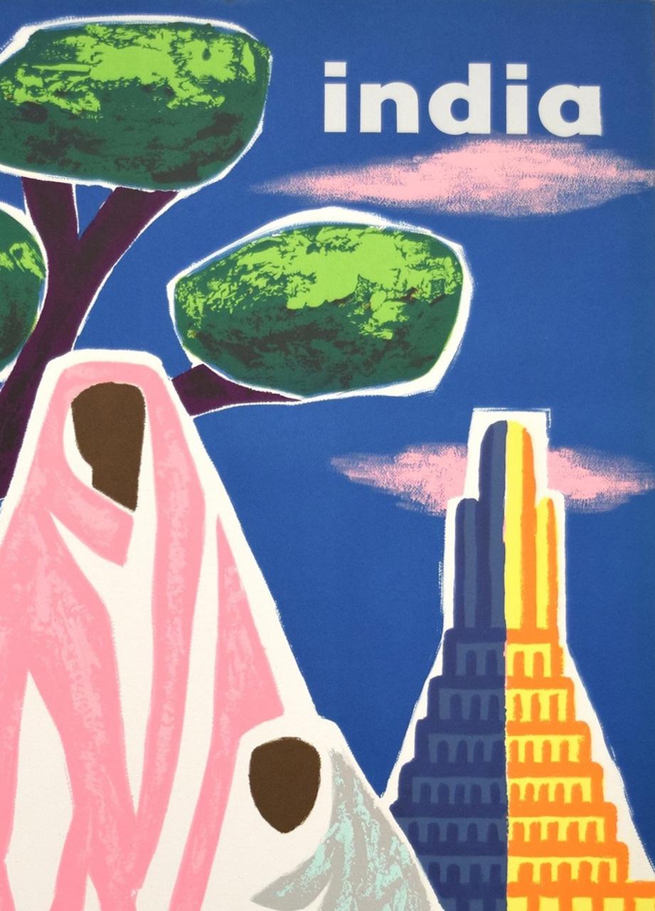 Air France India Original Vintage 1960s Travel Adverting Poster, Georget In Good Condition In Bath, Somerset