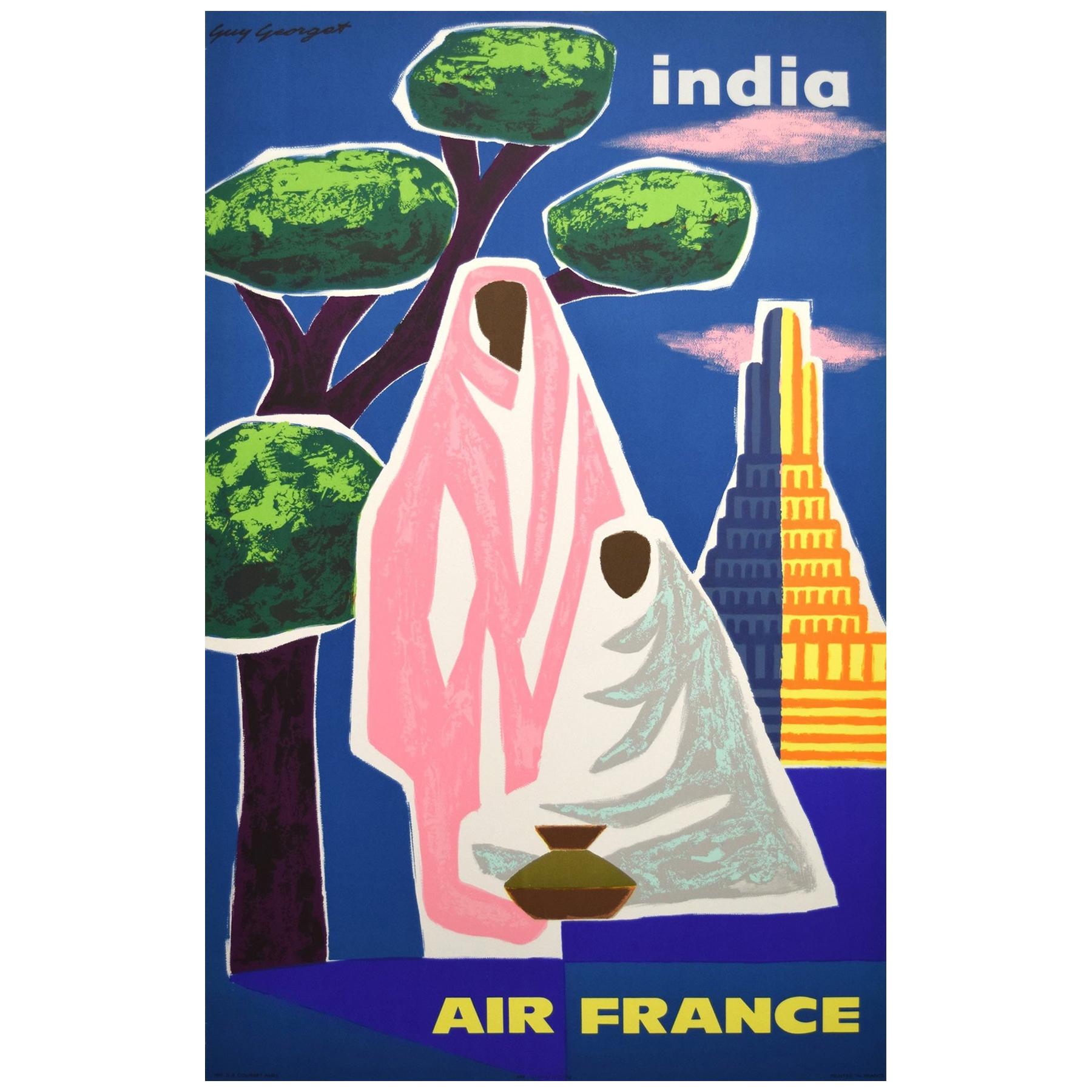 Air France India Original Vintage 1960s Travel Adverting Poster, Georget