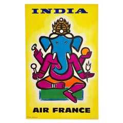 AIR FRANCE INDIA Original Vintage Airline Travel Tourism Midcentury MCM Poster
