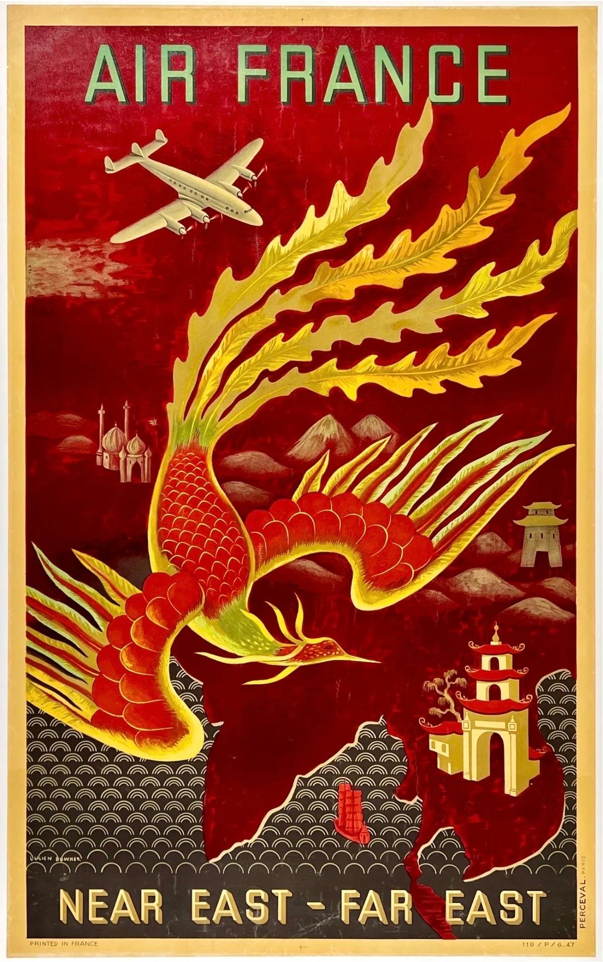AIR FRANCE - NEAR EAST - FAR EAST Poster turistico originale della compagnia aerea d'epoca