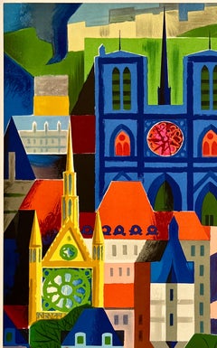 AIR FRANCE - PARIS Póster de viaje de época original de la compañía aérea Notre Dame Río Sena