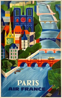 AIR FRANCE - PARIS Póster de viaje de época original de la compañía aérea Notre Dame Río Sena