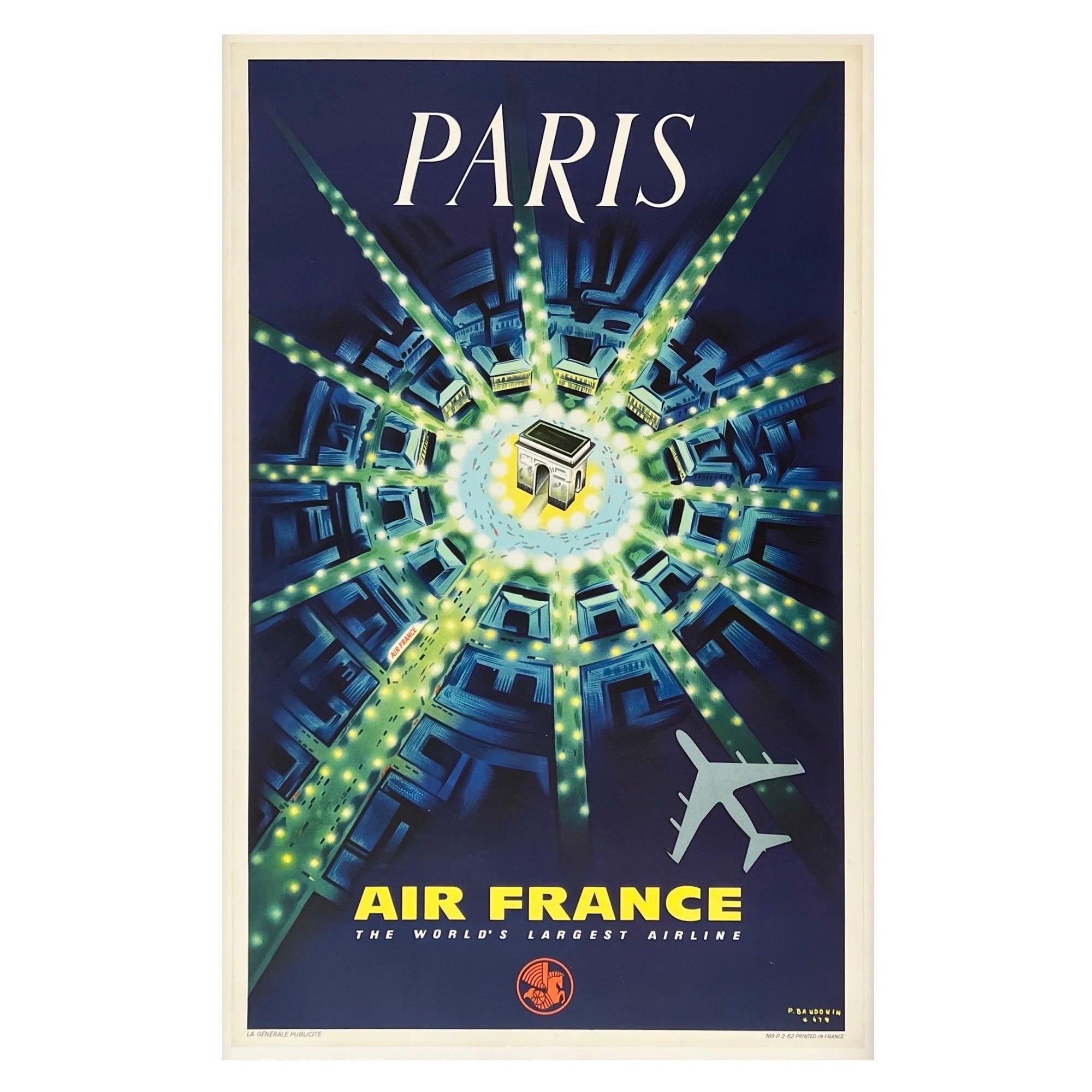 AIR FRANCE - PARIS Original Vintage Midcentury Modern Airline Travel Poster