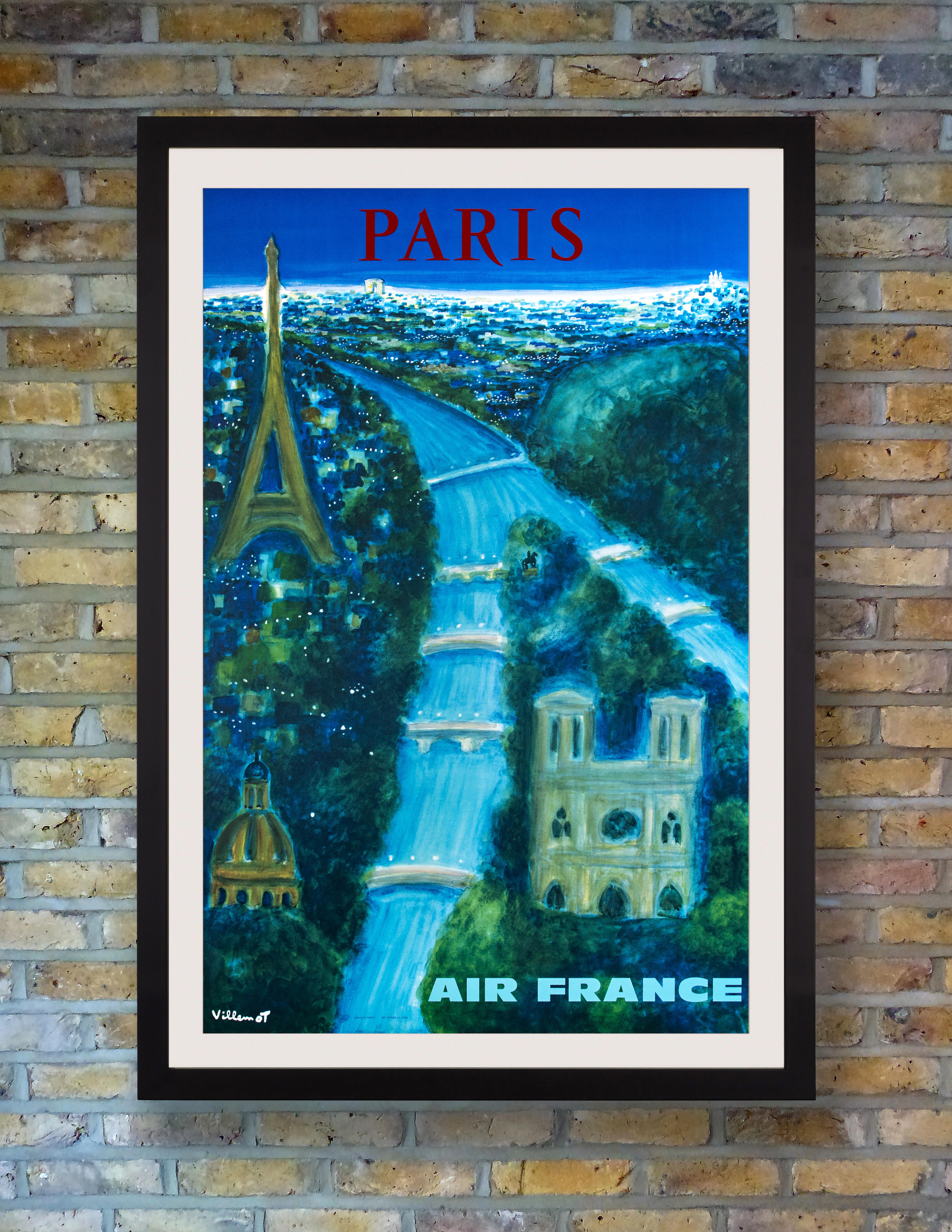 Air France commissioned French artist Bernard Villemot to design this dazzling poster to promote tourism to Paris in 1967. Primarily printed in blue and green, the painterly design follows the River Seine from above as one might view the city when