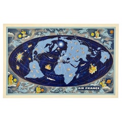 AIR FRANCE Planisphere Original Vintage Airline Travel Map Cartography Poster