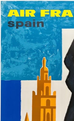 AIR FRANCE - ESPAÑA: Cartel original vintage de aerolínea, viajes y turismo de mediados de siglo (MCM)