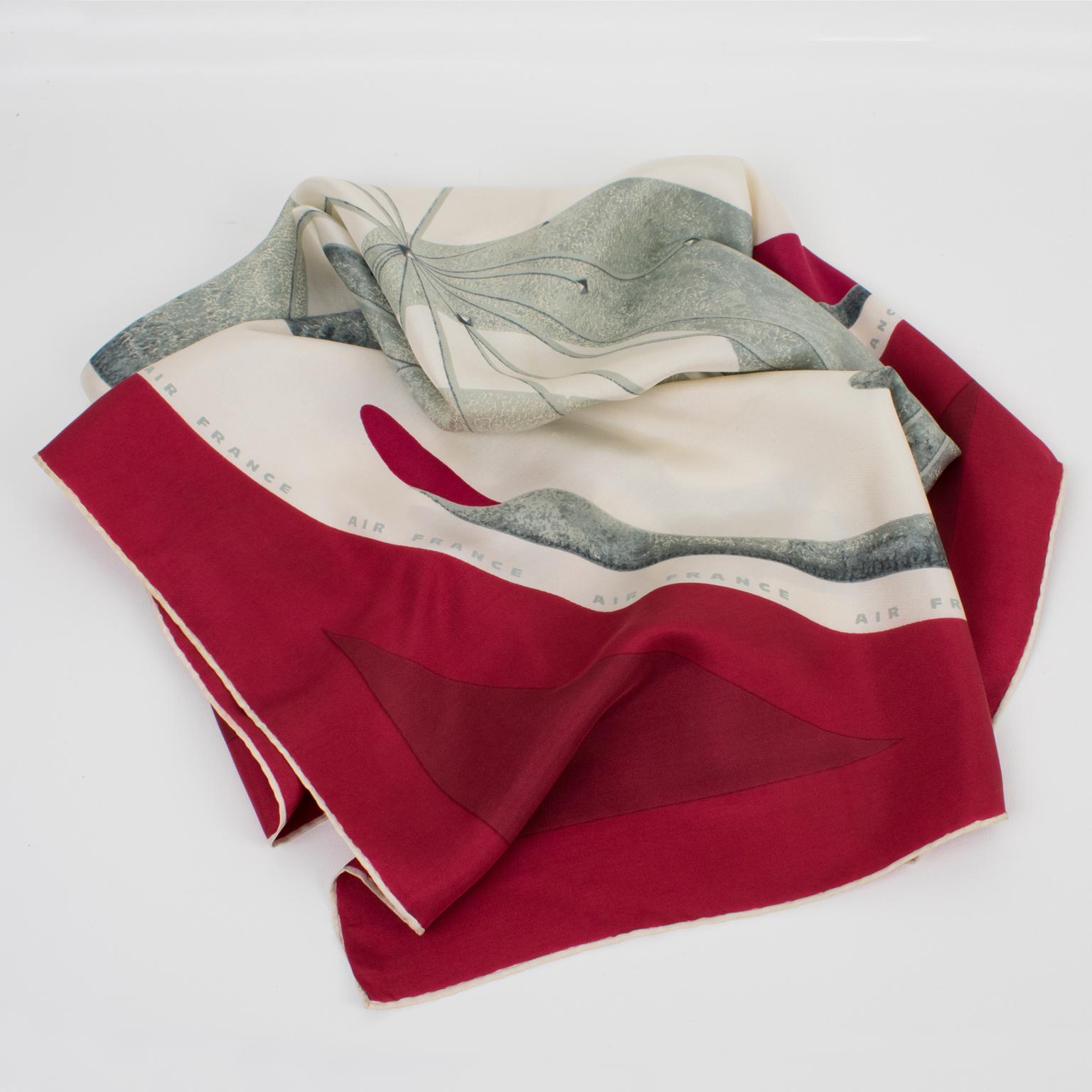 Air France Vintage 1970s Promotional Silk Scarf Red and Gray Print In Good Condition For Sale In Atlanta, GA