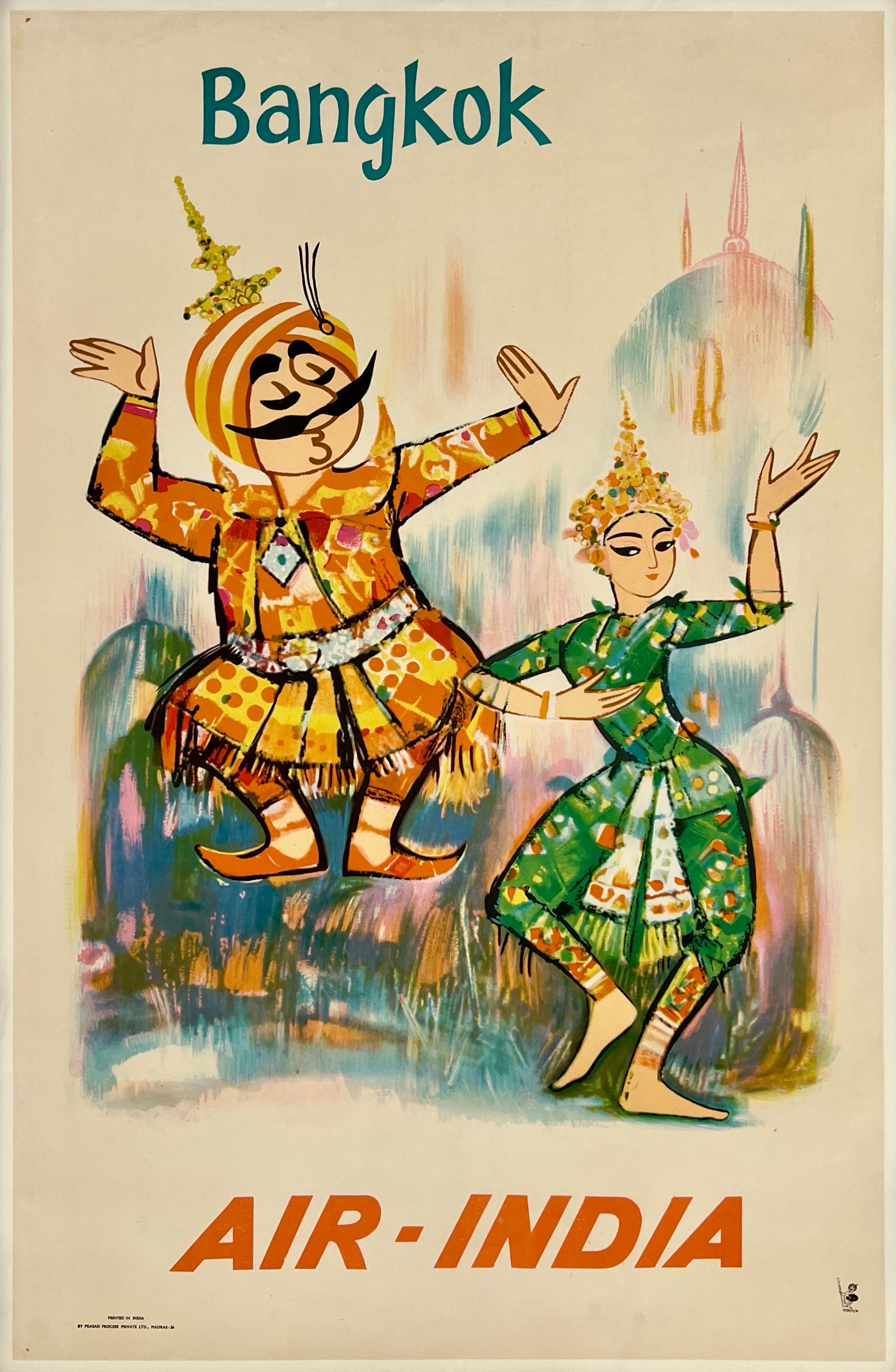 AIR-INDIA - BANGKOK Authentic Original Vintage Airline Travel Tourism Poster MCM