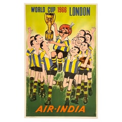 AIR-INDIA - COPPA DEL MONDO DI LONDRA 1966: Poster di viaggio originale d'epoca della compagnia aerea