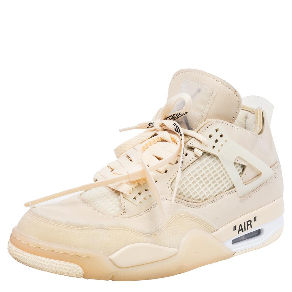 The Air Jordan sneakers by Nike are one of the most recognized sneaker designs in the world. They are valued for being stylish, comfortable, and well-made. This pair is the Air Jordan 4 Retro with an update by Off-White. It is made from leather,