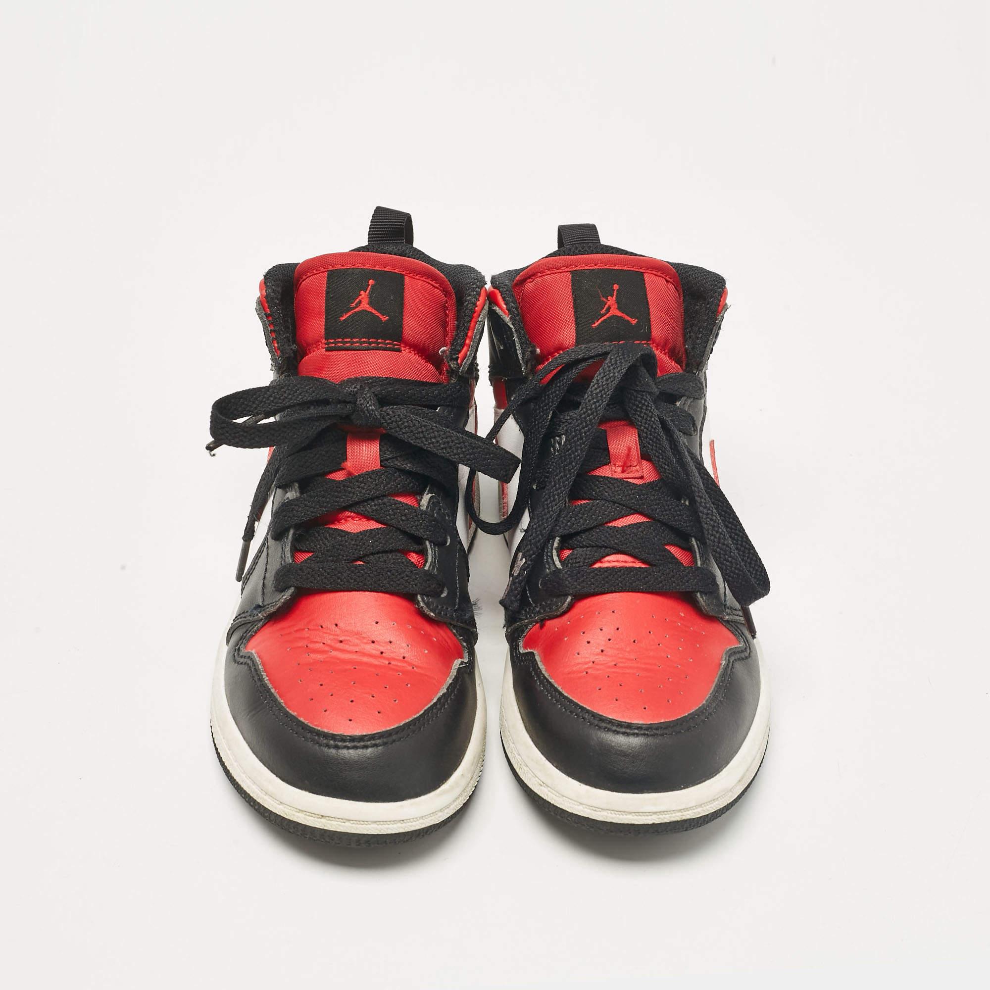 Brown Air Jordans Leather Jordan 1 Mid PS Black Fire Red Sneakers Size 31 (kids) For Sale