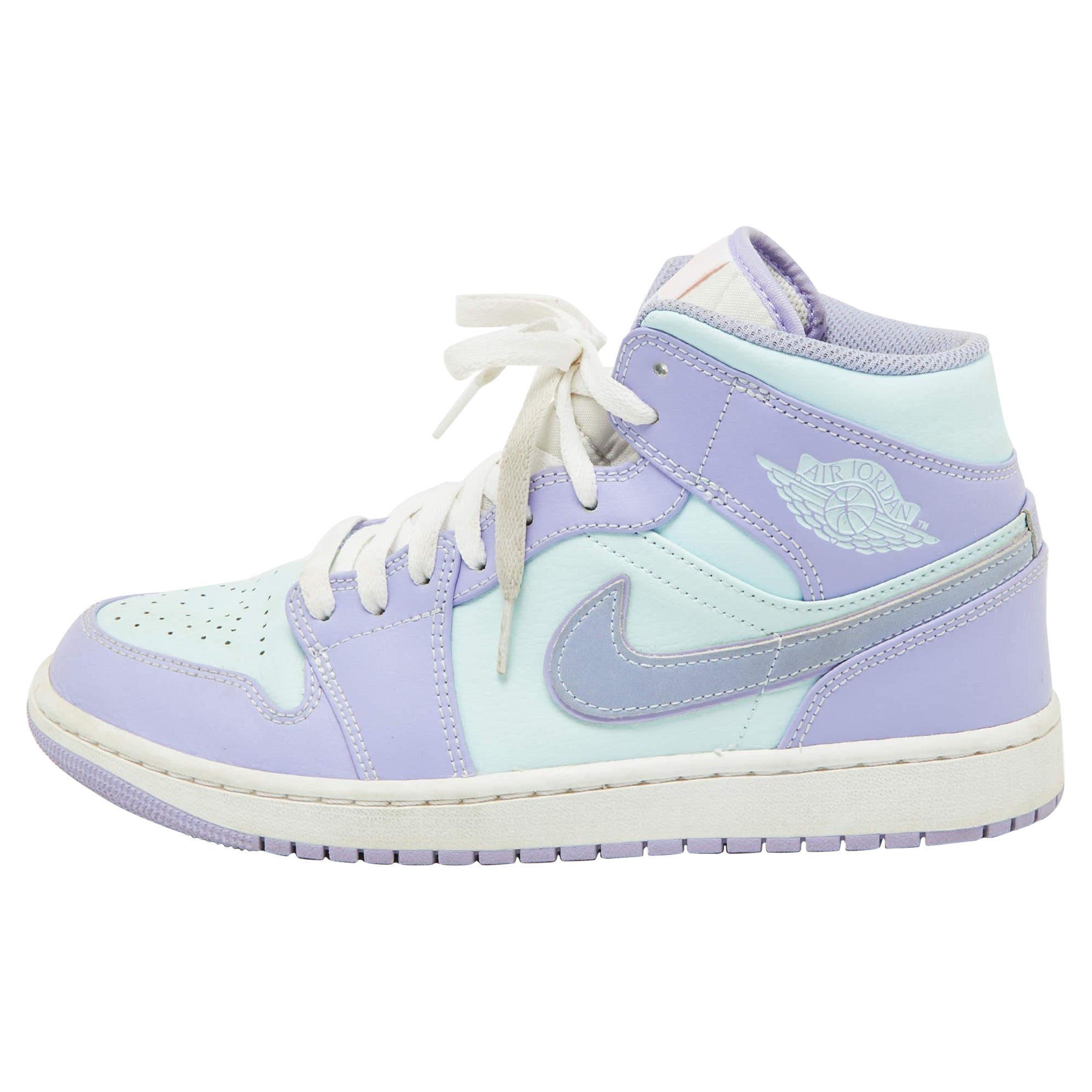 Air Jordans Purple/Green Leather Air Jordan 1 Mid Sneakers Size 43