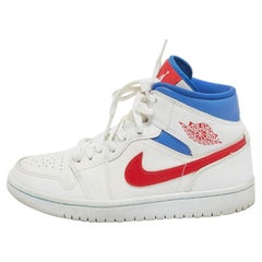 Air Jordans Tricolor Leder Air Jordan 1 Mid Weiß Blau Rot Turnschuhe Größe 37,5