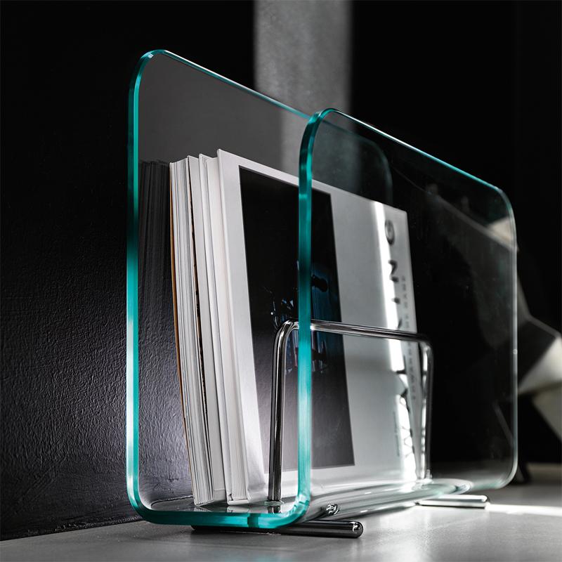 Italian Air Magazine Rack Casted in One Slab of Curved Clear Glass For Sale